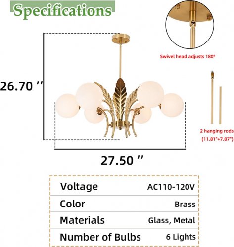 Aeyee mid century 6 light glass sputnik chandelier - 26.70" x 27.50" - gold image 2