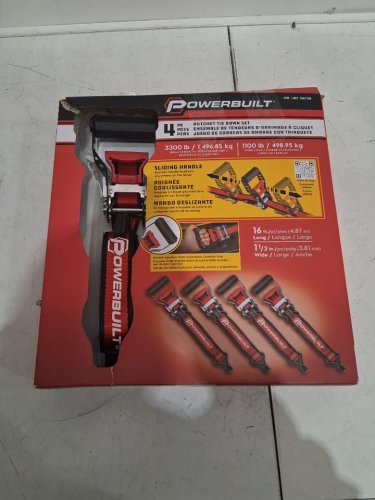 4PC Powerbuilt Ratchet Tie-Down Strap Set with Sliding Handles - 1100LB Max Load - 3300LB Break Strength - Black/Red (Model: 1947198) image 2