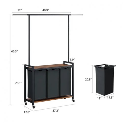 gARVEE 3-SECTION Rolling Laundry Cart With Hanging Rack & Utility Shelf - 168L (40L each) - RUSTIC BROWN (model: PHK_35XS6UBY) image 2