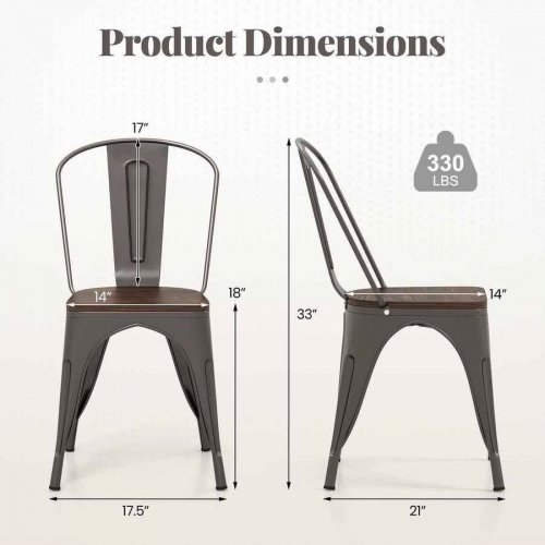 4pk costway industrial metal dining chairs w/ wood seat - 330lbs max - black/brown - (model: jv14509gu-4) image 2