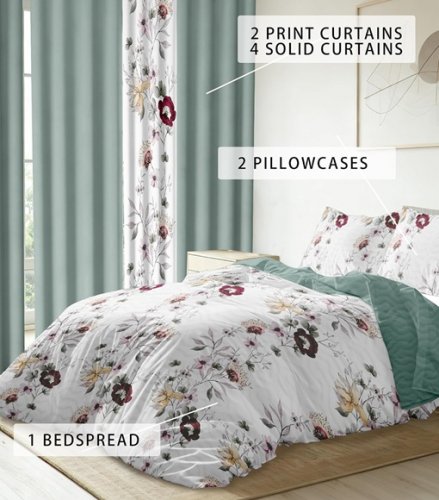 9pc REYLOX VINTAGE bedspread, pillowcase and curtain bedroom set - CAL KING - FLORAL GREEN image 2