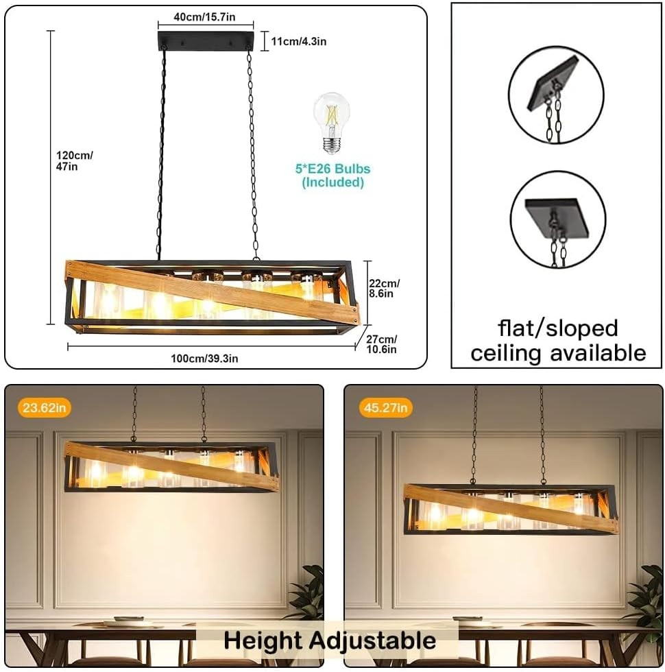 Depuley Kitchen Island Adjustable Pendant Light with wood and metal frame - Black (Model: WS-FND74-60B) image 2