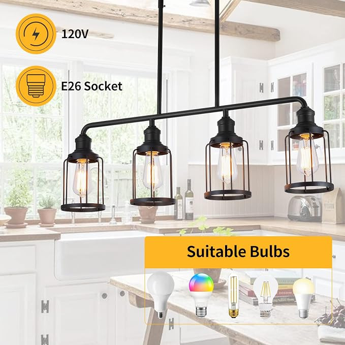 MAVCADONF 4-LIGHT linear pendant light fixture adjustable -E26 socket/120V - black metal (model: PM2121-4l-MB) image 2