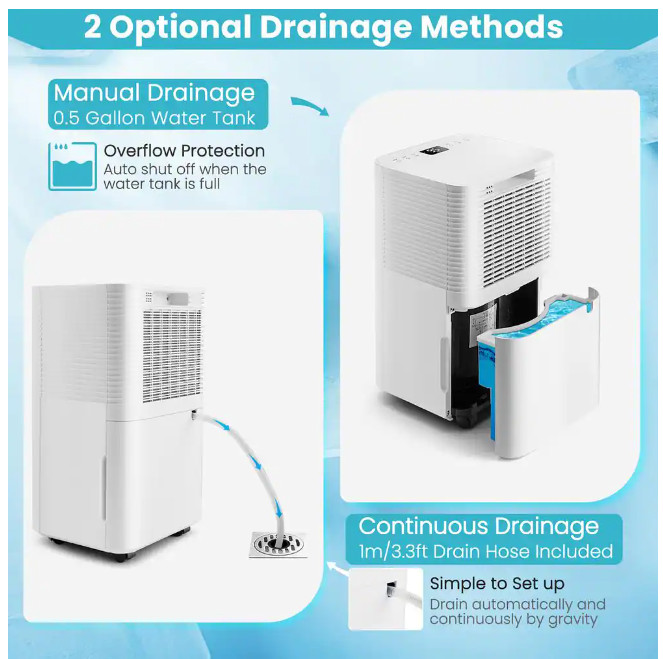 COSTWAY ADJUSTABLE PORTABLE DEHUMIDIFIER WITH DIGITAL DISPLAY & DRAINAGE HOSE - 1750SQ.FT COVERAGE - WHITE (MODEL: ES10103US-WH) image 2