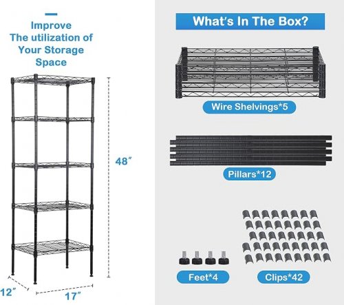 5-Tier Metal Wire Shelving Unit kitchen shelf - 48" - black (model: usbt40w5lm) image 2