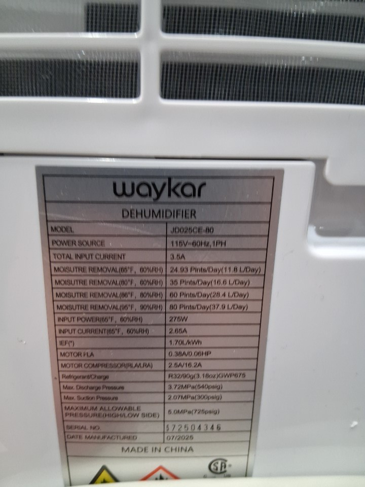 WAYKAR DIGITAL ENERGY STAR DEHUMIDIFIER - 5000SQ.FT COVERAGE - 1.4GAL. TANK - WHITE (MODEL: jd025ce-80) image 9
