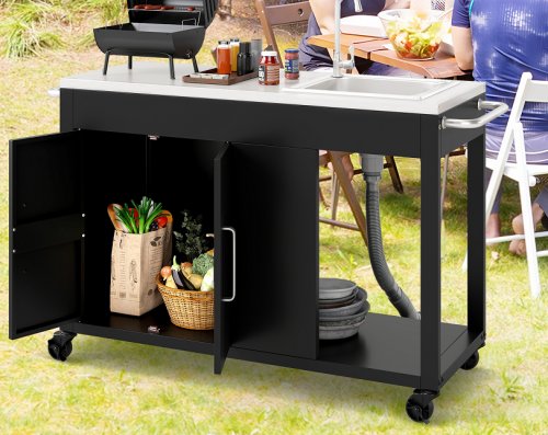 Costway Outdoor Grill Table with Sink and Stainless Steel Top - 56" - black (model: np12508BK) image 1