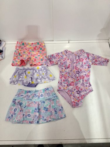 4 assorted girl's SWIM clothes - 2 SKIRTS, 1 SHORTS, 1 ONE PIECE - EXTRA SMALL (4/5) - PURPLE/PINK/BLUE image 2