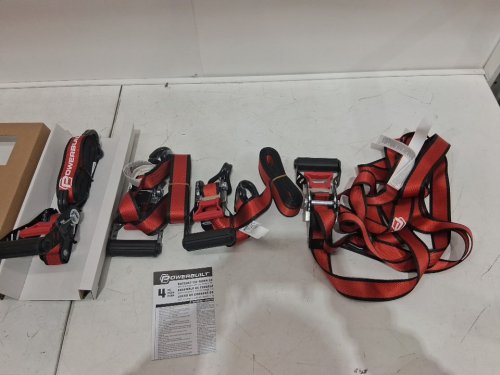 4PC Powerbuilt Ratchet Tie-Down Strap Set with Sliding Handles - 1100LB Max Load - 3300LB Break Strength - Black/Red (Model: 1947198) image 3