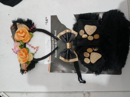 5pc floral kitty headband, tail, gloves and bowtie  - black gold image 2