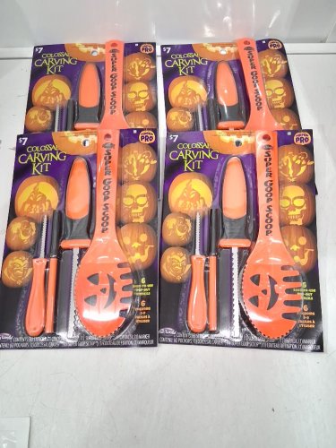 4 (10PC) Fun World Pumpkin Pro Colossal Carving Kit with Scoop, Carvers, Marker, and 6 Stencils - Orange / Black image 2