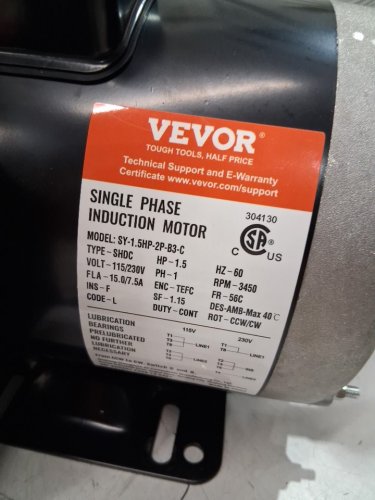 VEVOR SINGLE PHASE INDUCTION MOTOR - 5/8" KEYED SHAFT - 1725RPM - 115V/230V (MODEL: dp120356l) image 5