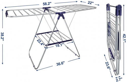 SONGMICS Clothes Drying Rack Gullwing Space-Saving Laundry Rack Foldable for Easy Storage 61" x 24" x 44.5" - Silver (MODEL: ULLR52BU) image 2