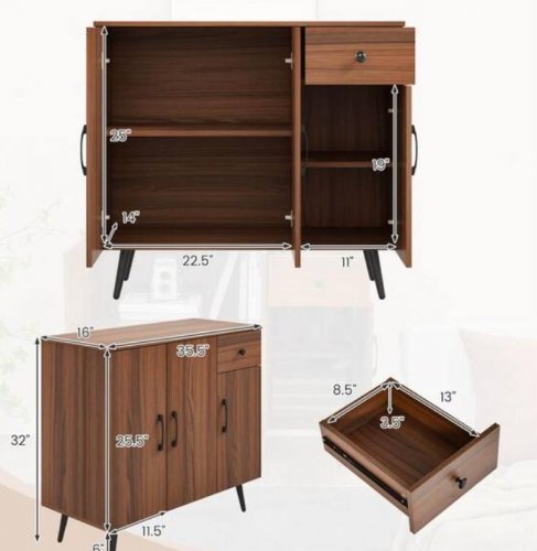 Costway Buffet Cabinet with 3 Doors and Pull-out Drawer - 32" x 35.5" x 16" - Brown (Model: JV10842) image 2
