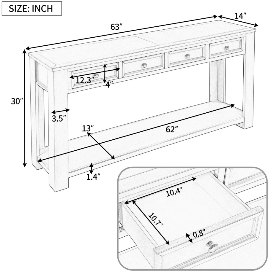 aosom 2-tier rustic wooden console table with 4 drawers - 63" x 14" x 30" - espresso - (model: n852p245606p) image 2
