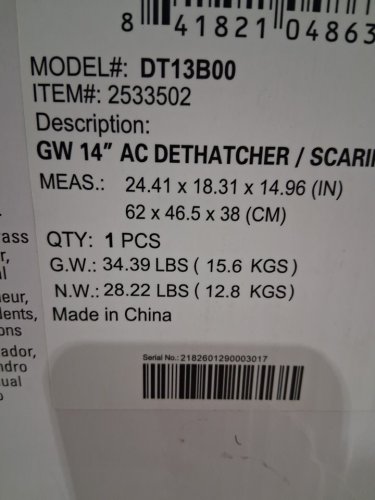 GREENWORKS 13 AMP CORDED DETHATCHER - 14" - (MODEL: DT13B00 / DHA103) image 2