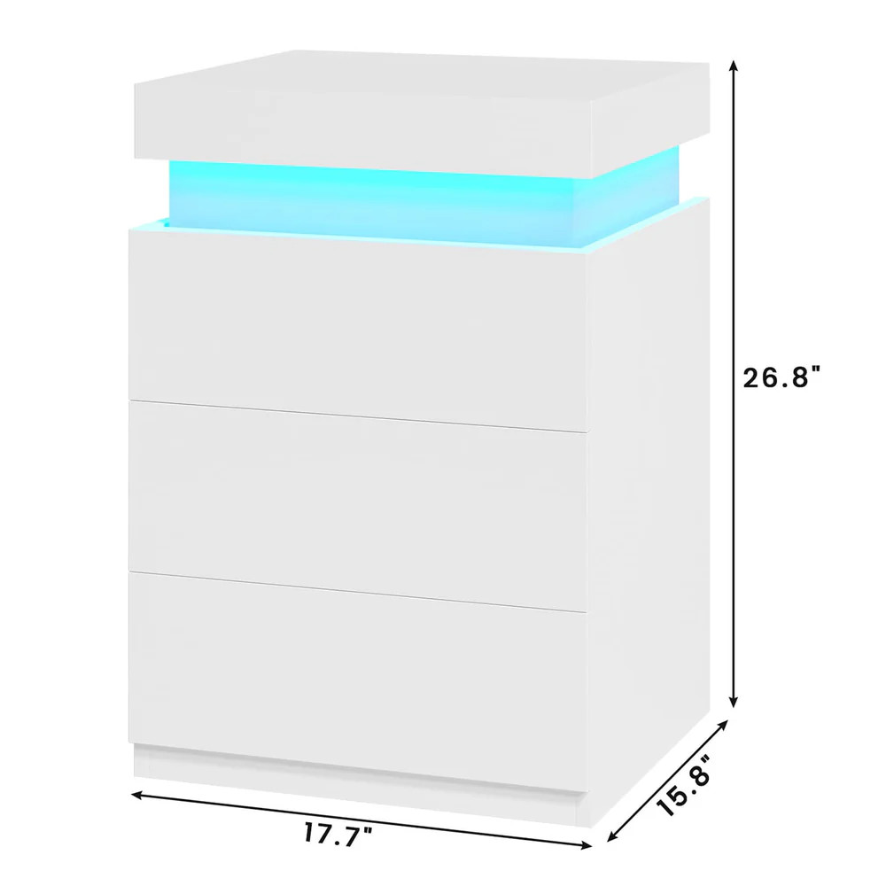 Nightstand with LED Lights Charging Station - 26.8" x 17.7" x 15.8" - White (Model: AJ-DJ502530) image 2