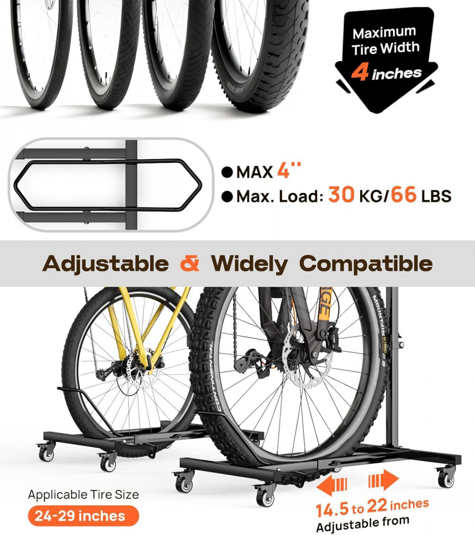 2pk Housolution Vertical freestanding Bike/bicycle Stand/rack with Wheels & adjustable height - 66lbs capacity - black image 3