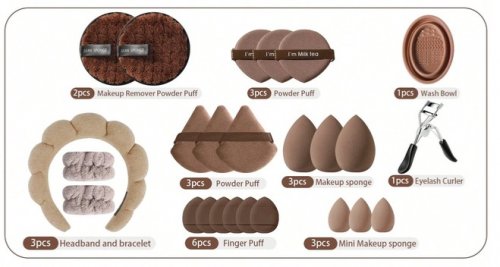 25PC Makeup Accessory Set with Headband, Eyelash Curler, and Sponges - Coffee Brown image 2