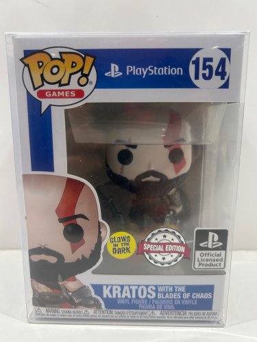 Funko pop! **glows in the dark**special edition**playstation official licensed product** Games: PlayStation - kratos with the blades of chaos vinyl figure (#154) **plastic protector cover** image 3