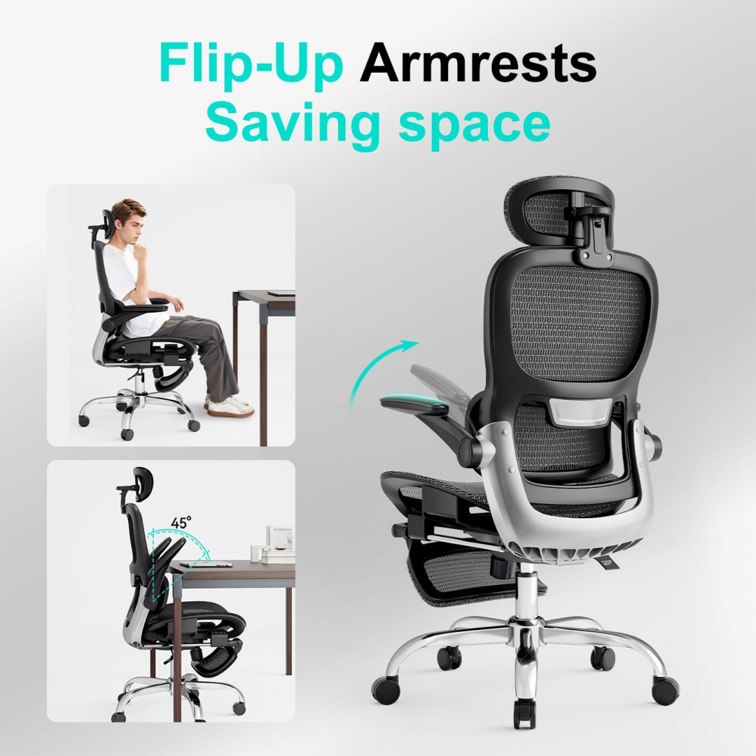 kimupa ergonomic mesh back adjustable with Adaptive Backrest, Adjustable Headrest & flip up armrest office chair - 20" x 10" x 40" - black (model: W805) image 2