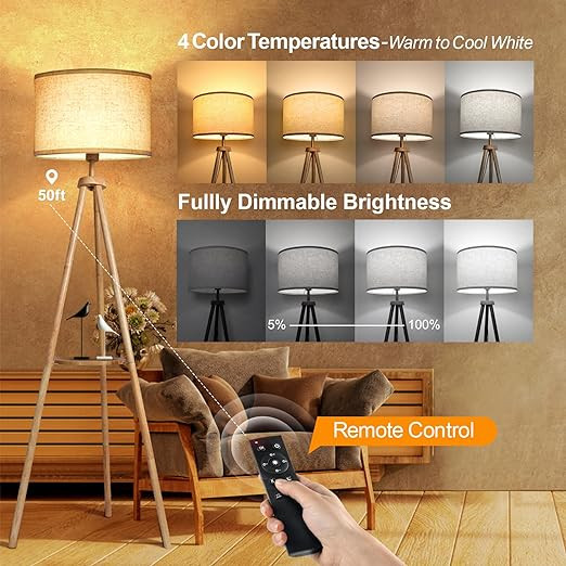 OUTON Tripod Floor Lamp Wood with Shelves, Mid Century LED Modern Dimmable Floor Lamp with Remote Control, Sturdy Tall Standing Lamp with Beige Linen Texture Shade for Living Room, Bedroom, Office (H-SJJ01) image 3