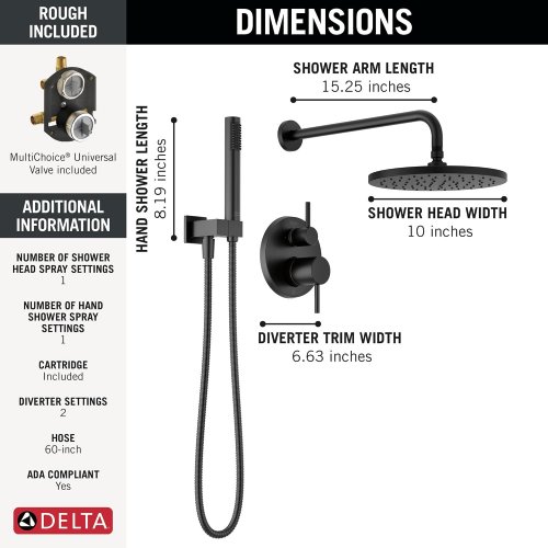 delta Faucet Modern Raincan 2-Setting Round Shower System With rainfall head/ hand shower & Rough Valve - matte black (model: 342701-BL) image 2