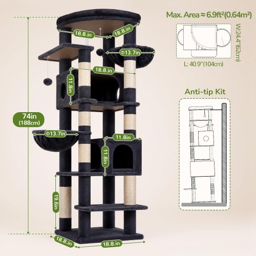 GLOBLAZER MULTI-TIER HEAVY DUTY CAT TREE TOWER - DARK GREY (MODEL: S74-BG) image 2