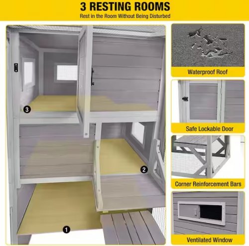*2 boxes* aivituvin outdoor wooden cat/pet enclosure with 4 tiers - 77" x 36" x 69" - brown/gray(see notes) - (model: air54-hk) image 3