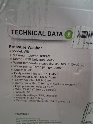 PATOOLIO ELECTRIC HIGH PRESSURE WASHER - 23FT HOSE - 1800W - 4500PSI - 2.8GPM - GREEN/BLACK (MODEL: W8) image 3
