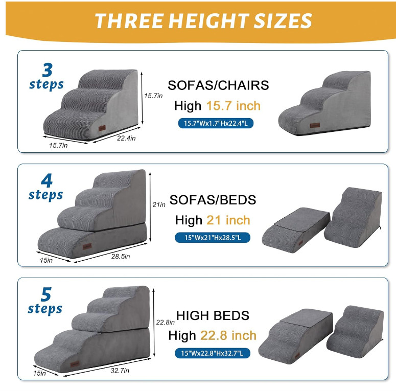 aodisman adjustable 3 Tiers Dog Stairs and Ramp for Small Dogs - 22.4" x 15.7" - GREY (model: Y139594) image 2