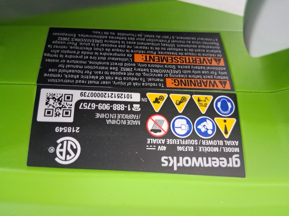 GREENWORKS CORDLESS JET LEAF BLOWER *tool only* - 40V / 125MPH / 450CFM - GREEN (MODEL: blf346) image 4