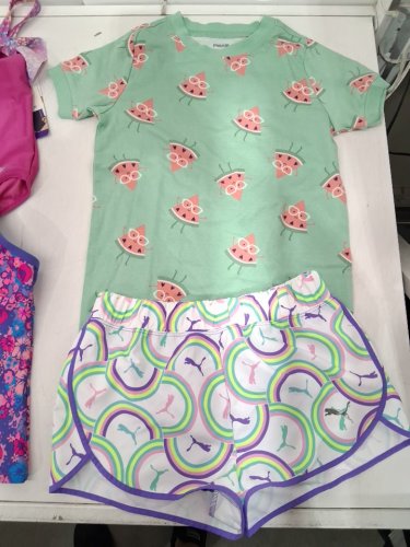 4 ASSORTED GIRL'S CLOTHES - 1 ONE PIECE SWIMSUIT, 1 SWIM TOP, 1 SHIRT, 1 SHORTS - LARGE (10/12) - PINK/PURPLE/GREEN image 4