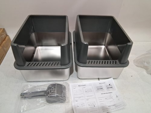 2PK stainless steel cat litter box with scoop - XL - 16" X 12" X 14" - GREY image 3