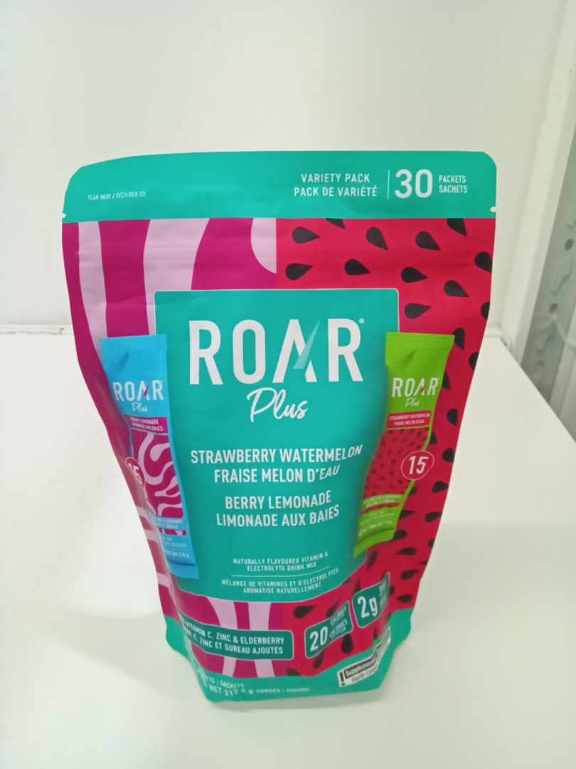 30PK ROAR Plus Hydration Electrolyte Drink Mix with Vitamins - 7.18g Each - Strawberry Watermelon, Berry Lemonade image 2