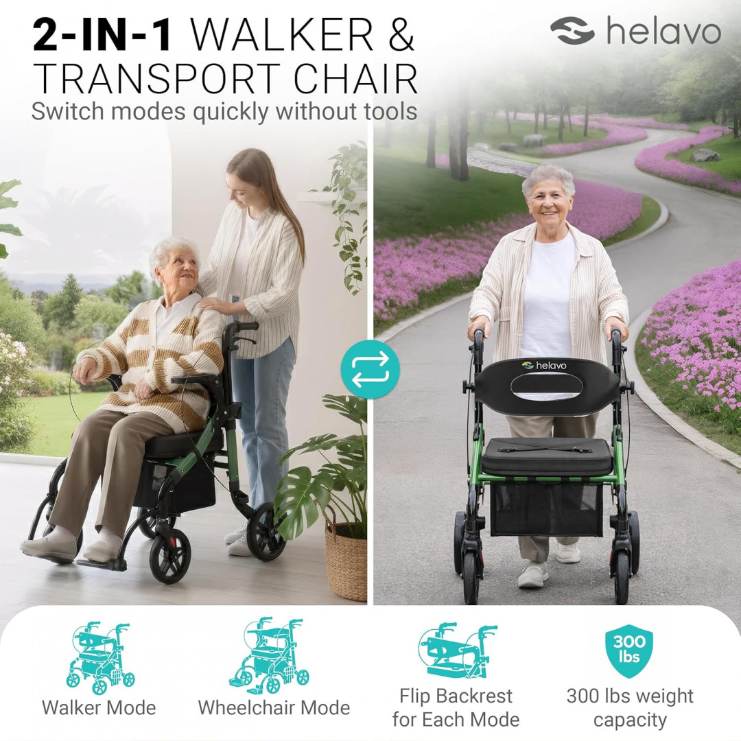 Helavo 2-IN-1 lightweight foldable/collapsable Walker Wheelchair Combo with adjustable height - 300LBS capacity - green/black (model: h1170) image 3