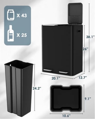 Pirecart Stainless Steel Double Compartment Trash Can - 16GAL - Black/Silver (Model: LY-60) image 2