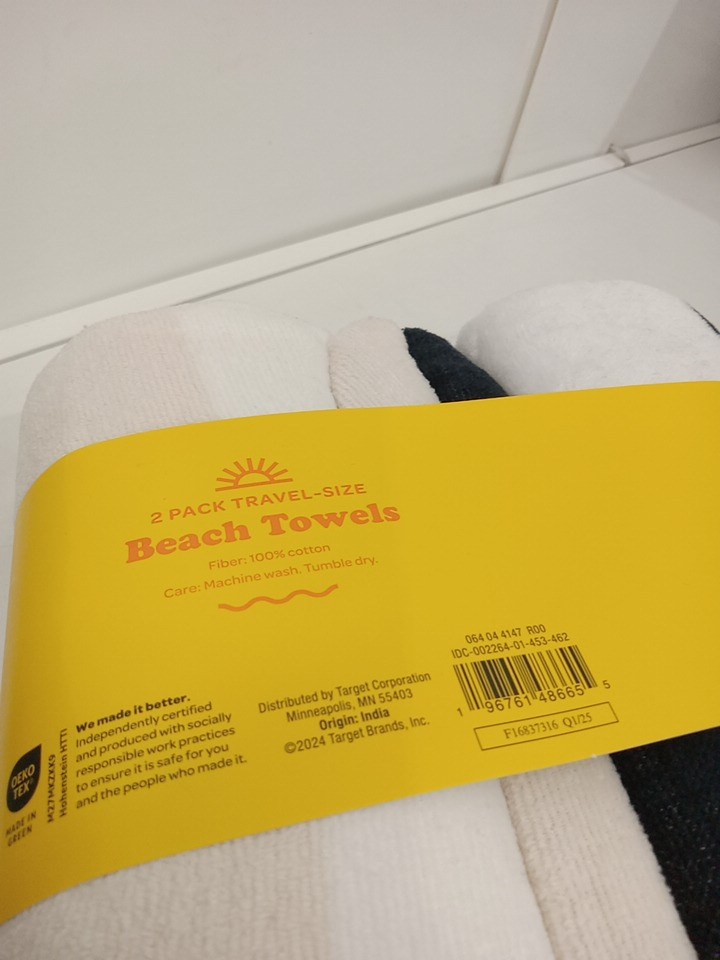 2pk sun squad travel size 100% cotton quick drying beach towels - 28" x 58" - black / cream / white striped image 3