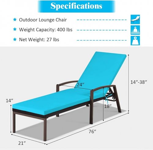 2PK Costway Patio Wicker Chaise Lounge with 5-Position Adjustable Backrest - teal/white image 2