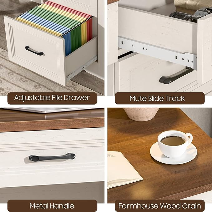 Bonvache Farmhouse Executive Desk with storage and file Drawers - 47" x 20" x 31" - Brown/white (model:  c6a012bs01) image 3