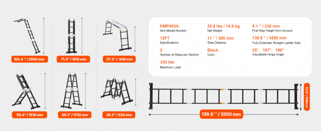 7-in-1 multi-purpose folding ladder - up to 12ft length - 330lb max - black/grey (model: kmp403a) image 2