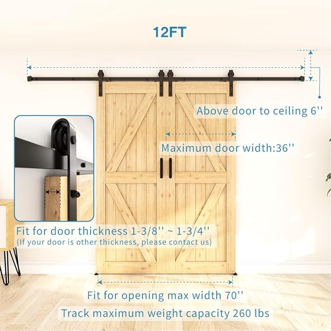 zekoo heavy duty smooth slide double barn door hardware kit - 12ft - black (model: ‎GCM1880) image 3