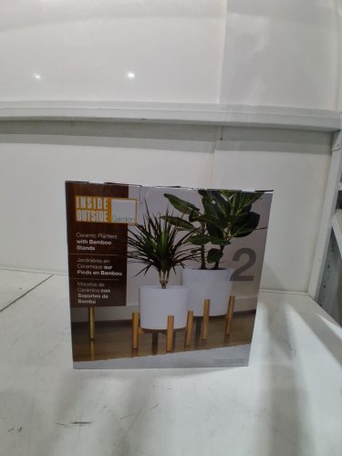 2pc indoor/outdoor ceramic garden planters with bamboo stands - 9.2" / 7.7" - white/wood (model: 1807223) image 2