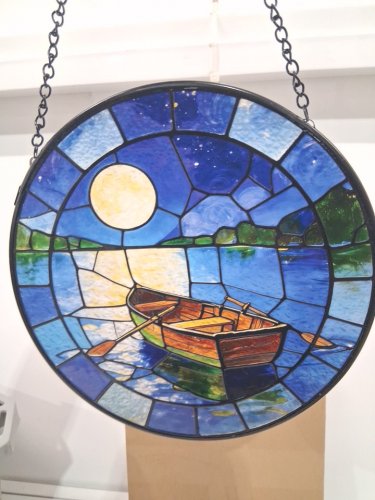 Dreamloom Hanging Boat Beneath the Moon Stained Glass Window panel - 7.8” - blue (model: 92b) image 4