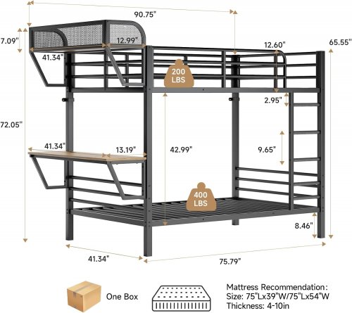 Bunk Bed with Charging Desk, Safety Guardrail, and ladder - Twin - 72" x 75.7" x 41.3" -  Black (Model: MT-108-BK-T) image 2