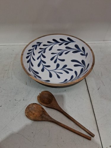 3pc Maison Neuve tula Enamelled Mango Wood Salad Bowl and Server utensil set - 17.3" - natural wood/white/blue (model: 1979442) image 3