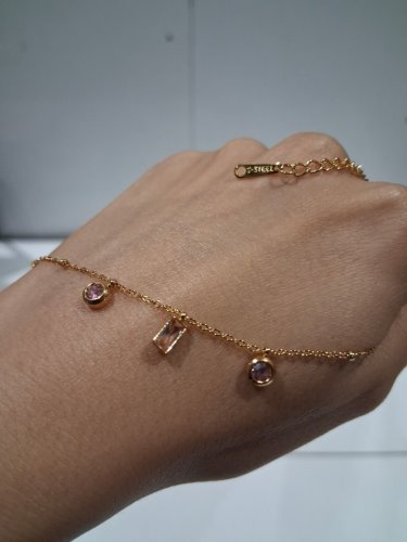 stainless steel round and rectangular cubic zirconia charm beaded chain bracelet - 7" - 8.5" - gold/pink/peach image 4