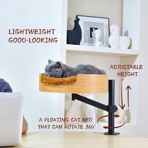 ZBUQ PET NEAR BY ME round wooden CAT BED FOR DESK with faux fur lining - adjustable & rotating - brown/black (model: O8XTH) image 2