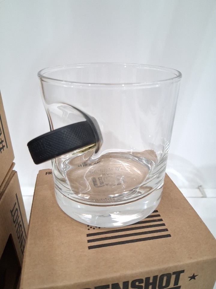 4 mini hockey puck embedded whiskey glasses - 11oz each - clear/black image 3