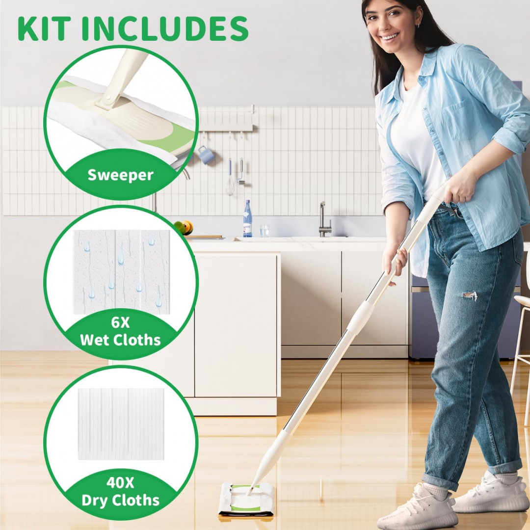 JoyCruise sweeper 2-in-1 dry/wet floor cleaning mop kit with 40 dry cloths & 6 wet cloths - retractable handle: 31" - 51" - green/white image 2